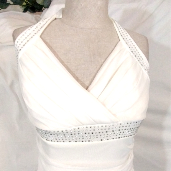 Mariposa Vintage Halter Sheath  Dress,Ivory Sparkle Beads, Pleats, Long, XS-S - Picture 3 of 10